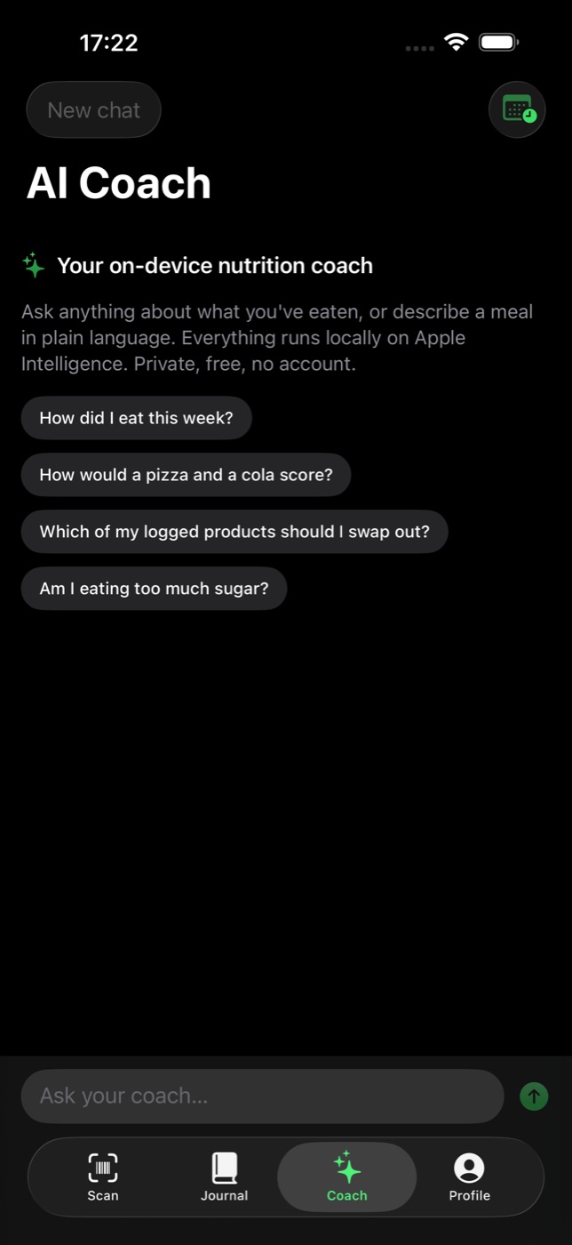 The Satoa AI Coach screen, showing suggested questions like How did I eat this week?
