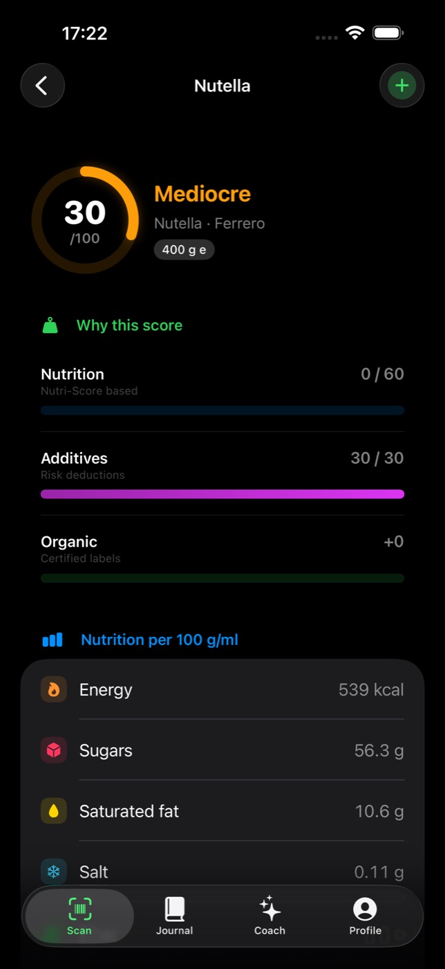 Satoa scoring a jar of Nutella 30 out of 100, with the score split into nutrition, additive and organic components
