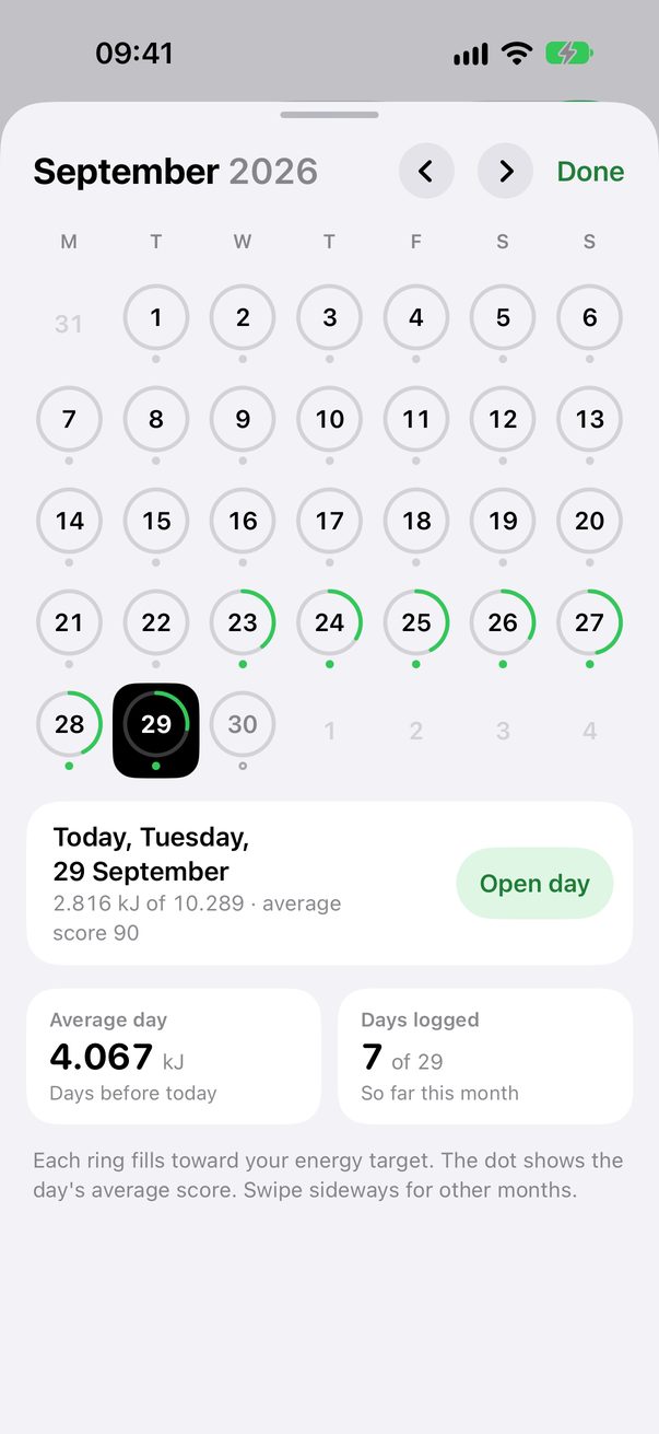 The month view with an energy ring for every day