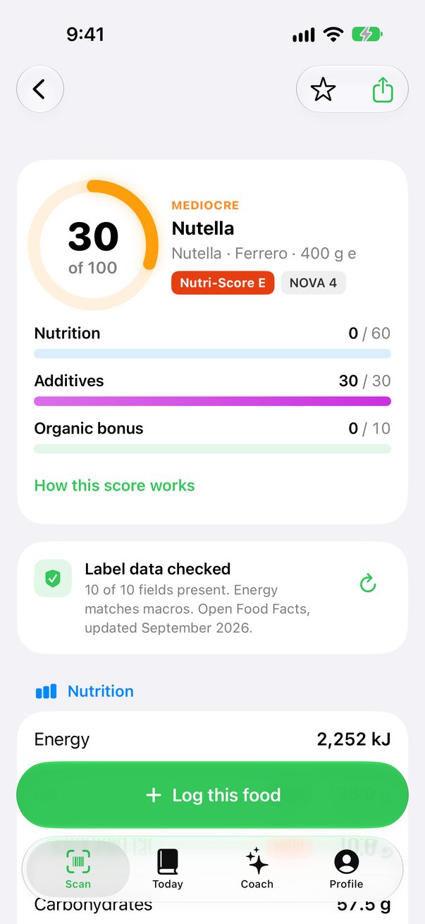 The Satoa product page for Nutella with the score breakdown