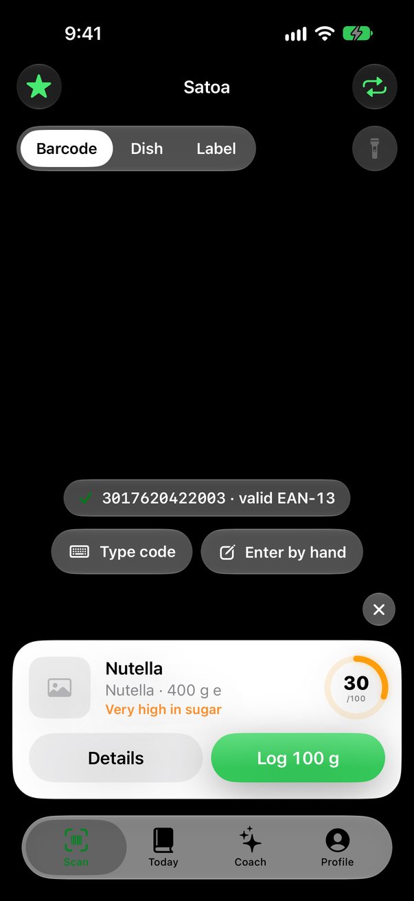 Satoa's scan result card for Nutella, scored 30 out of 100