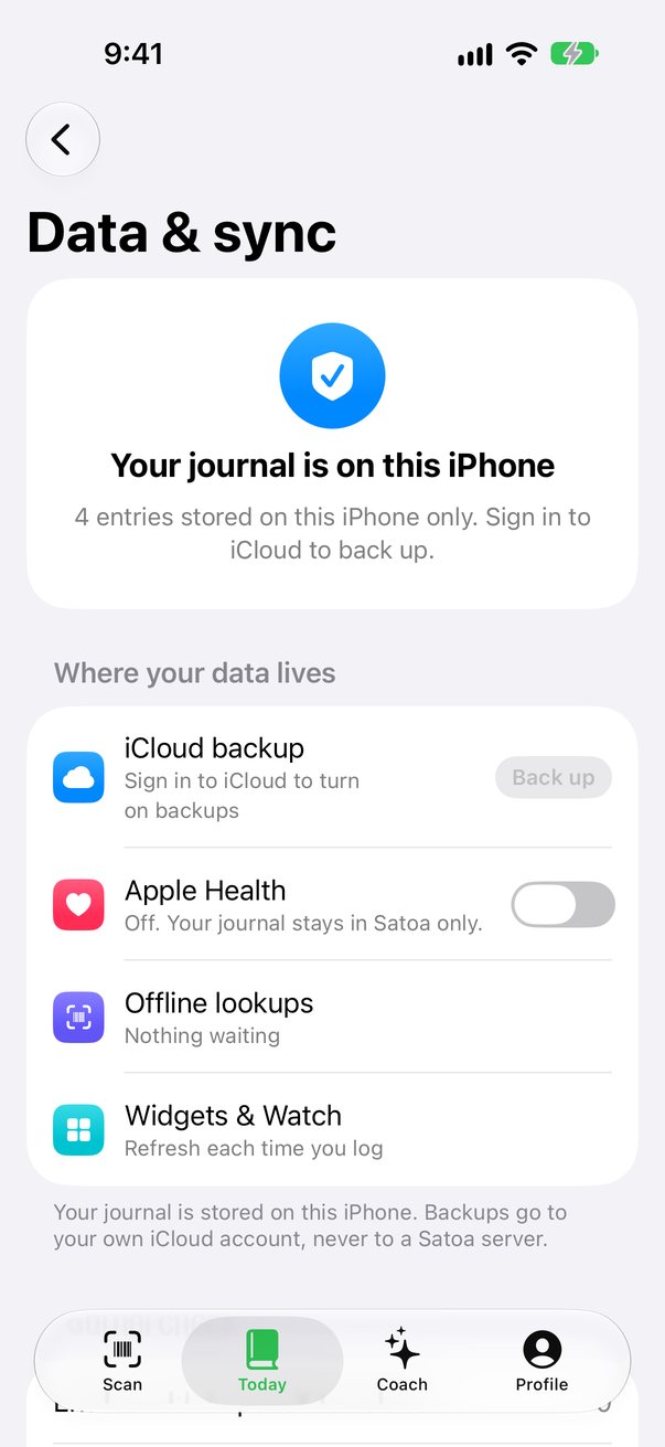 The Data and sync screen